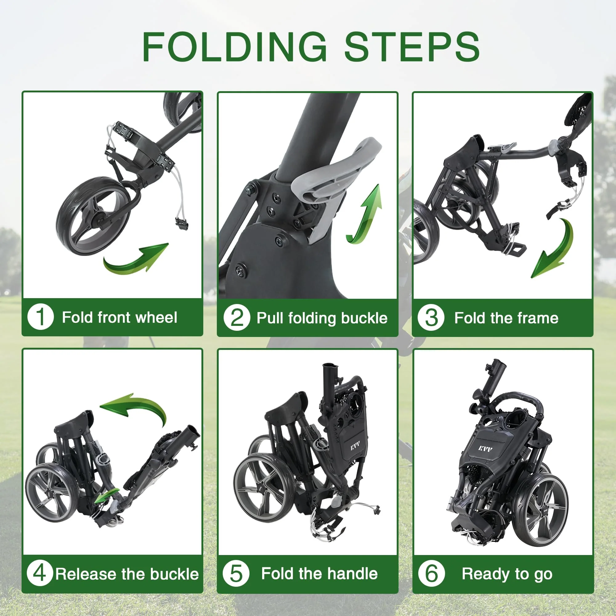 KVV 3-Wheel Foldable Golf Push Cart, Adjustable Handle, Lightweight Aluminum, Ball Bearing Wheels