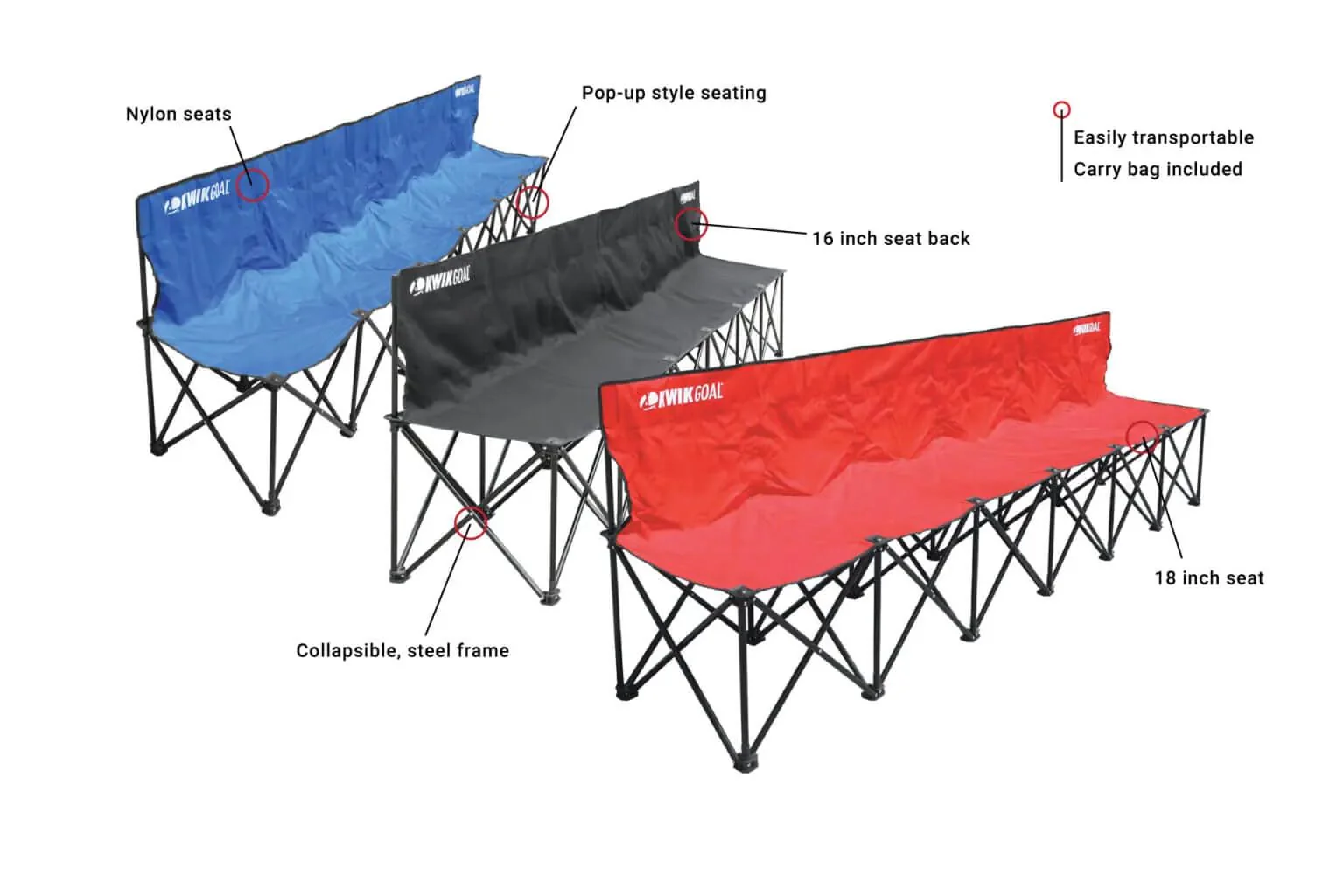 Kwik Goal 6-Seat Collapsible Sideline Bench with Carrying Bag