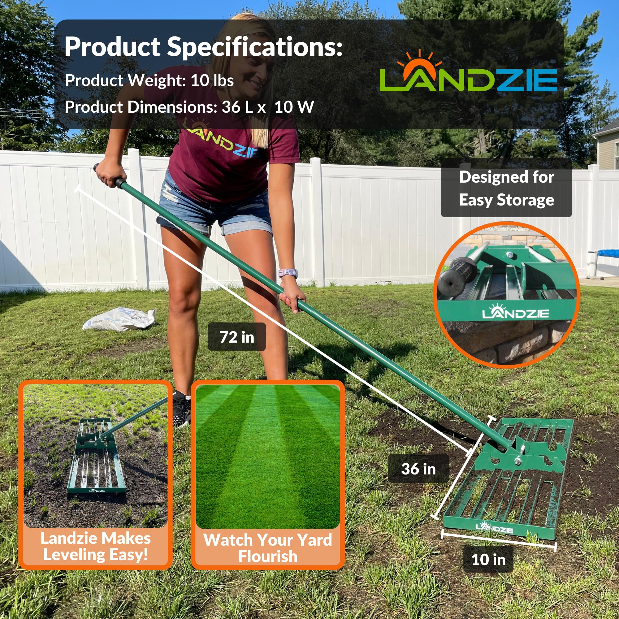 Landzie 36" Steel Lawn Leveling Rake - Durable, Efficient, Easy Assembly