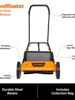 LawnMaster LMRM1801 18-Inch 5-Blade Push Reel Lawn Mower, Adjustable Height, Eco-Friendly