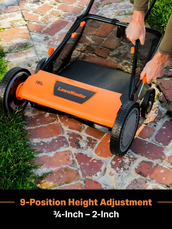 LawnMaster LMRM1801 18-Inch 5-Blade Push Reel Lawn Mower, Adjustable Height, Eco-Friendly