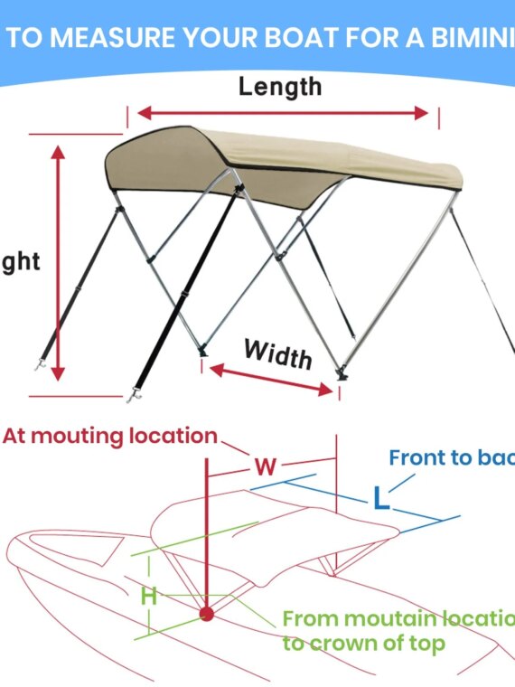 Leader Accessories Bimini Top Boat Cover, 3 Bow, Sand, 6'L x 46"H x 79"-84"W, Marine-Grade Canvas