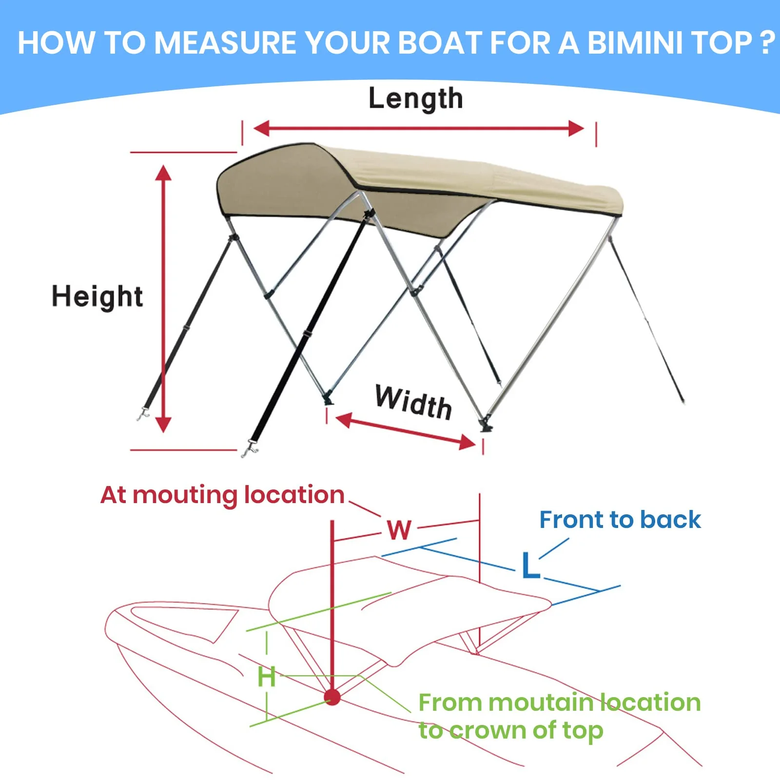 Leader Accessories Bimini Top Boat Cover, 3 Bow, Sand, 6'L x 46"H x 79"-84"W, Marine-Grade Canvas