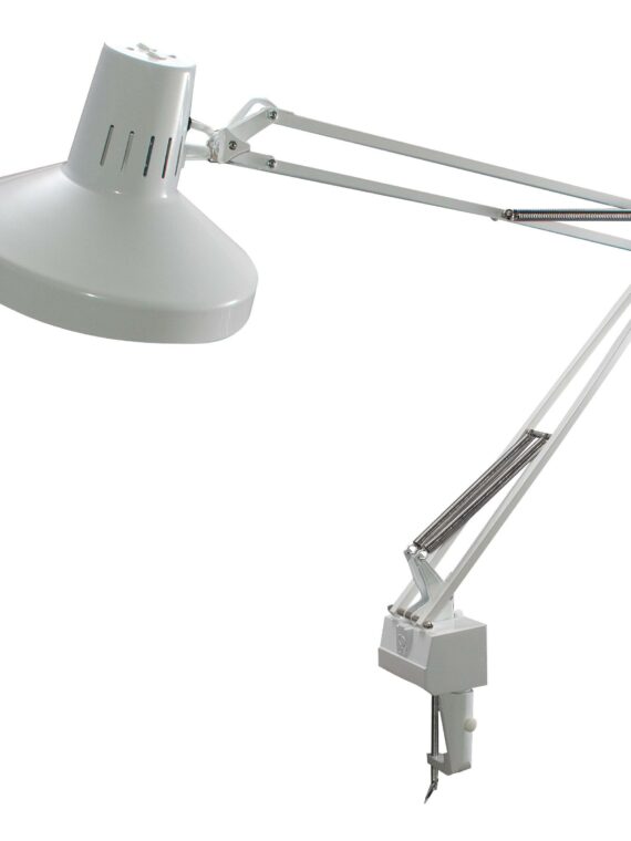 Ledu Three-Way Clamp-On Lamp, 40" Reach, White, Includes CFL & Fluorescent Bulbs, Adjustable Swing Arm