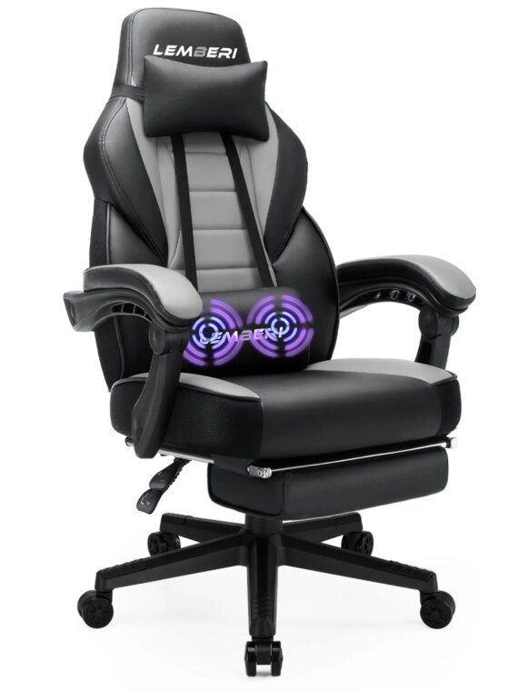 LEMBERI Big & Tall Gaming Chair, Ergonomic High Back, Lumbar Support, 400lbs Capacity, PU Leather, Adjustable Recline, Footrest, Black