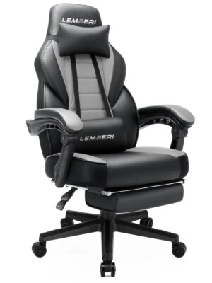 LEMBERI Big & Tall Gaming Chair, Ergonomic High Back, Lumbar Support, 400lbs Capacity, PU Leather, Adjustable Recline, Footrest, Black
