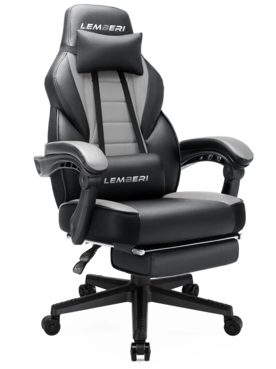 LEMBERI Big & Tall Gaming Chair, Ergonomic High Back, Lumbar Support, 400lbs Capacity, PU Leather, Adjustable Recline, Footrest, Black