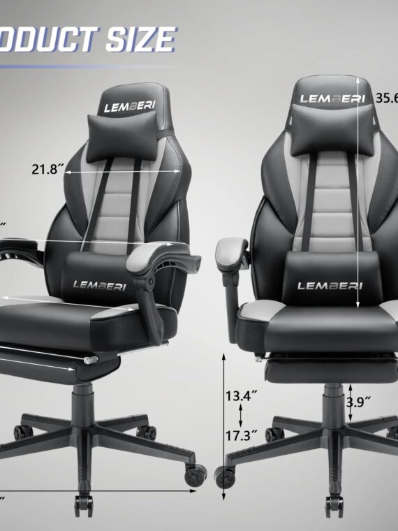 LEMBERI Big & Tall Gaming Chair, Ergonomic High Back, Lumbar Support, 400lbs Capacity, PU Leather, Adjustable Recline, Footrest, Black
