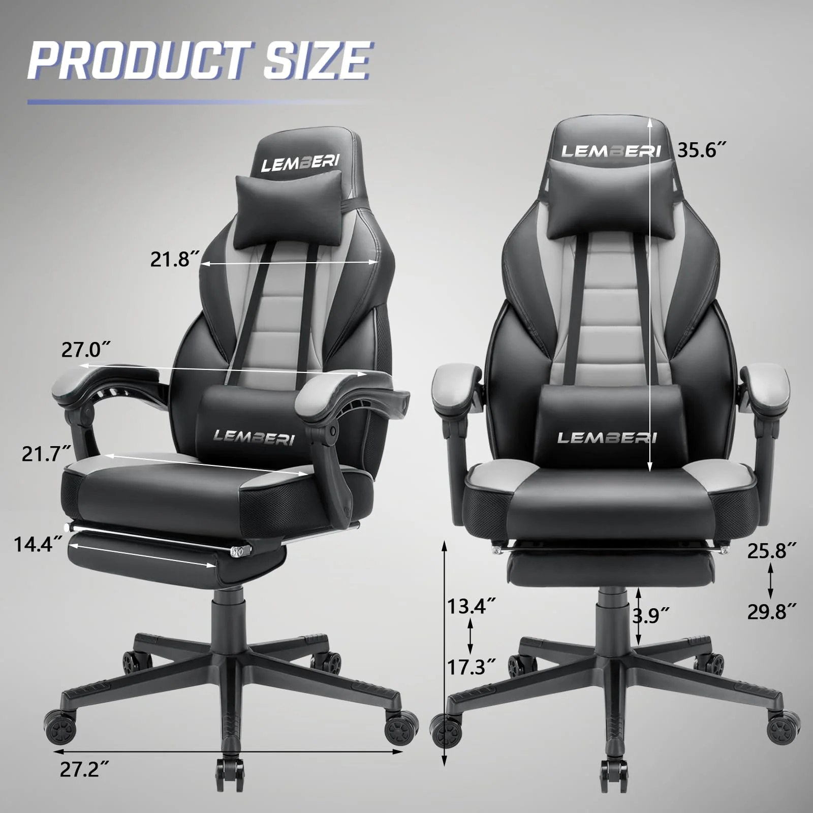LEMBERI Big & Tall Gaming Chair, Ergonomic High Back, Lumbar Support, 400lbs Capacity, PU Leather, Adjustable Recline, Footrest, Black