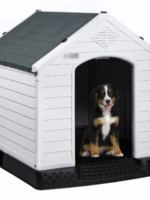 LEMBERI Outdoor Waterproof Plastic Dog House – Durable, Ventilated, Easy Assembly, Weatherproof Shelter