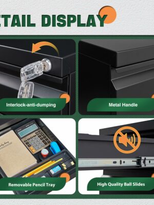 Letaya Metal 3 Drawer Mobile File Cabinet with Lock, Durable Steel, Anti-Tilt, 5 Wheels, Home & Office Use