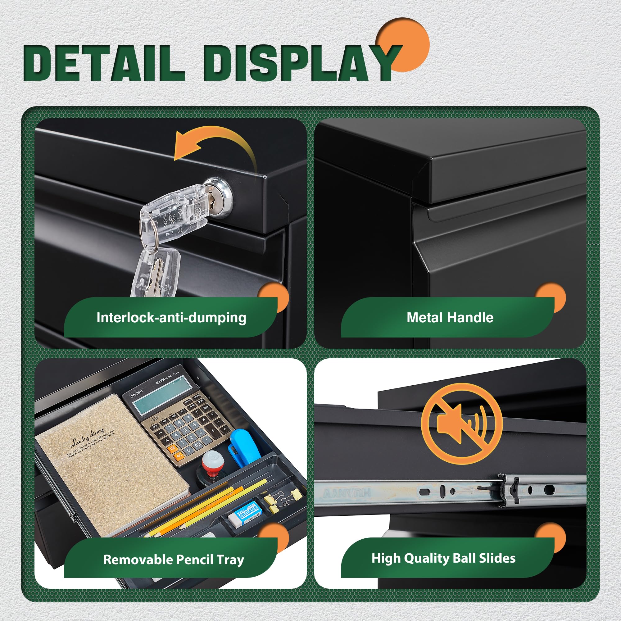 Letaya Metal 3 Drawer Mobile File Cabinet with Lock, Durable Steel, Anti-Tilt, 5 Wheels, Home & Office Use