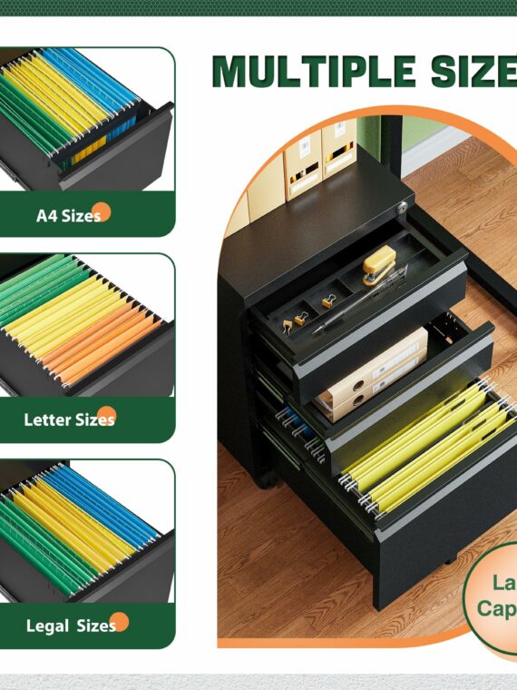 Letaya Metal 3 Drawer Mobile File Cabinet with Lock, Durable Steel, Anti-Tilt, 5 Wheels, Home & Office Use