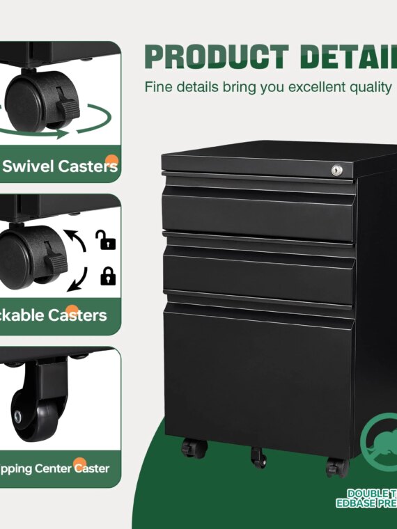 Letaya Metal 3 Drawer Mobile File Cabinet with Lock, Durable Steel, Anti-Tilt, 5 Wheels, Home & Office Use