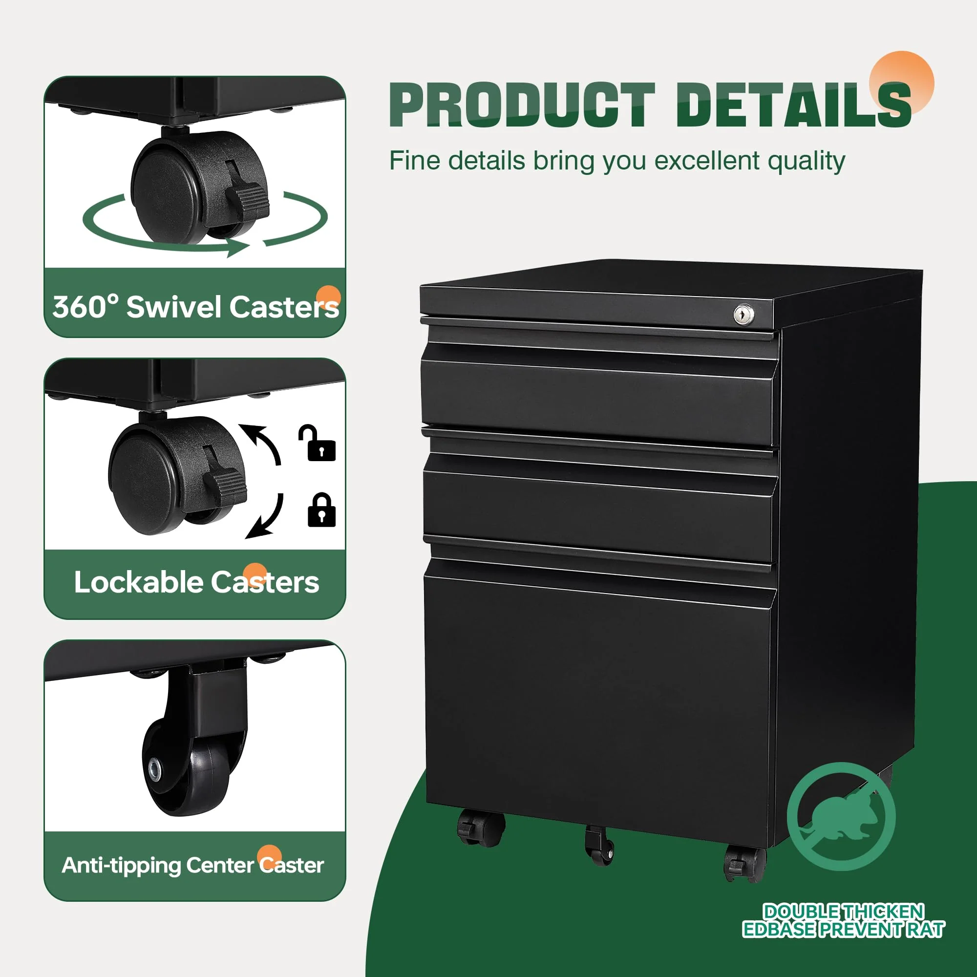 Letaya Metal 3 Drawer Mobile File Cabinet with Lock, Durable Steel, Anti-Tilt, 5 Wheels, Home & Office Use