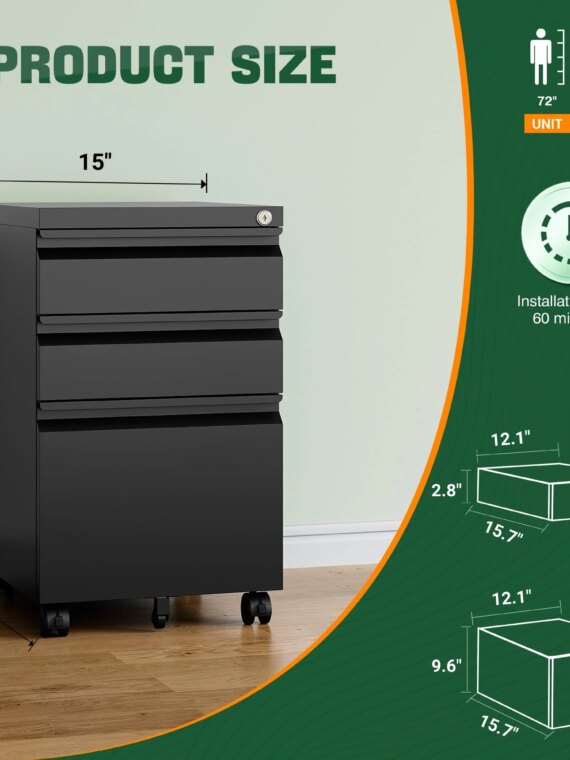 Letaya Metal 3 Drawer Mobile File Cabinet with Lock, Durable Steel, Anti-Tilt, 5 Wheels, Home & Office Use
