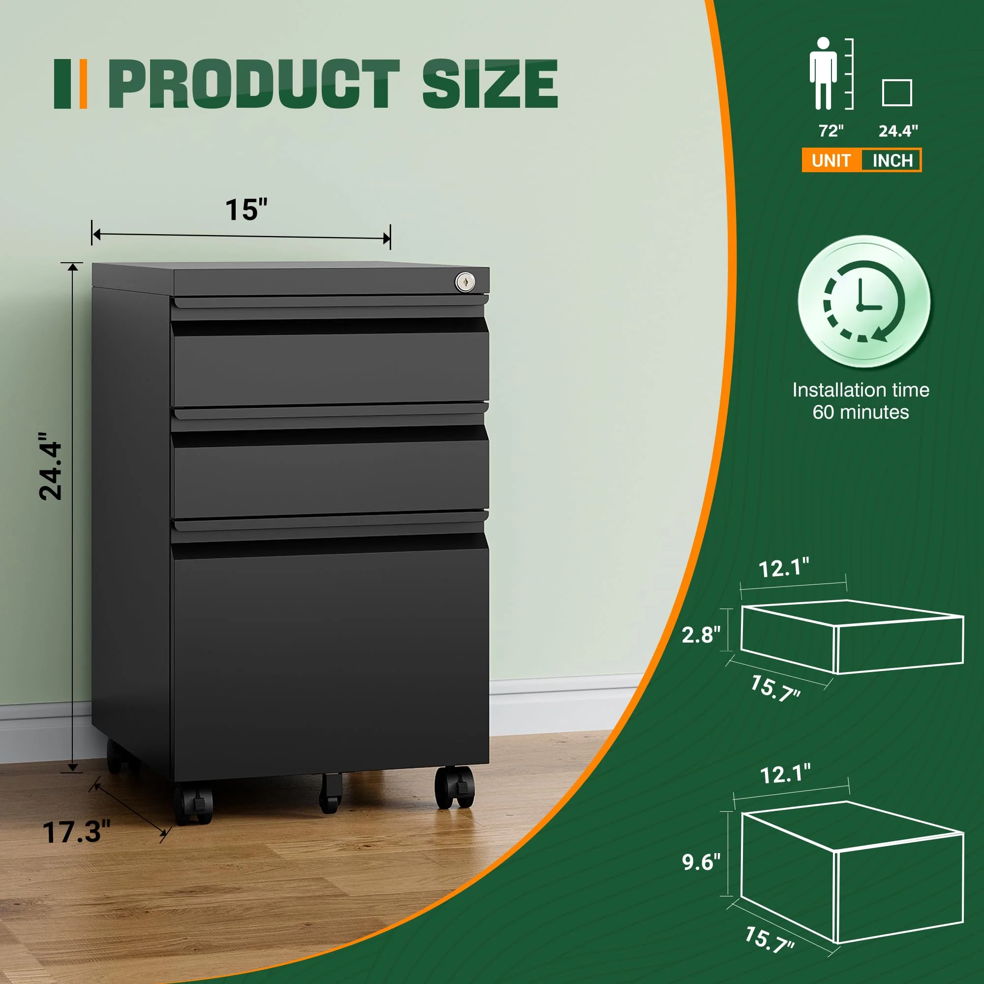 Letaya Metal 3 Drawer Mobile File Cabinet with Lock, Durable Steel, Anti-Tilt, 5 Wheels, Home & Office Use