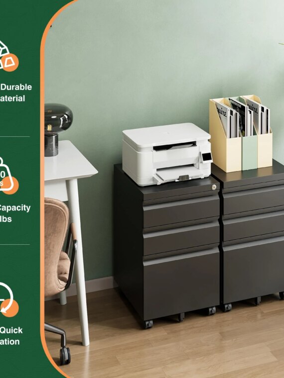 Letaya Metal 3 Drawer Mobile File Cabinet with Lock, Durable Steel, Anti-Tilt, 5 Wheels, Home & Office Use