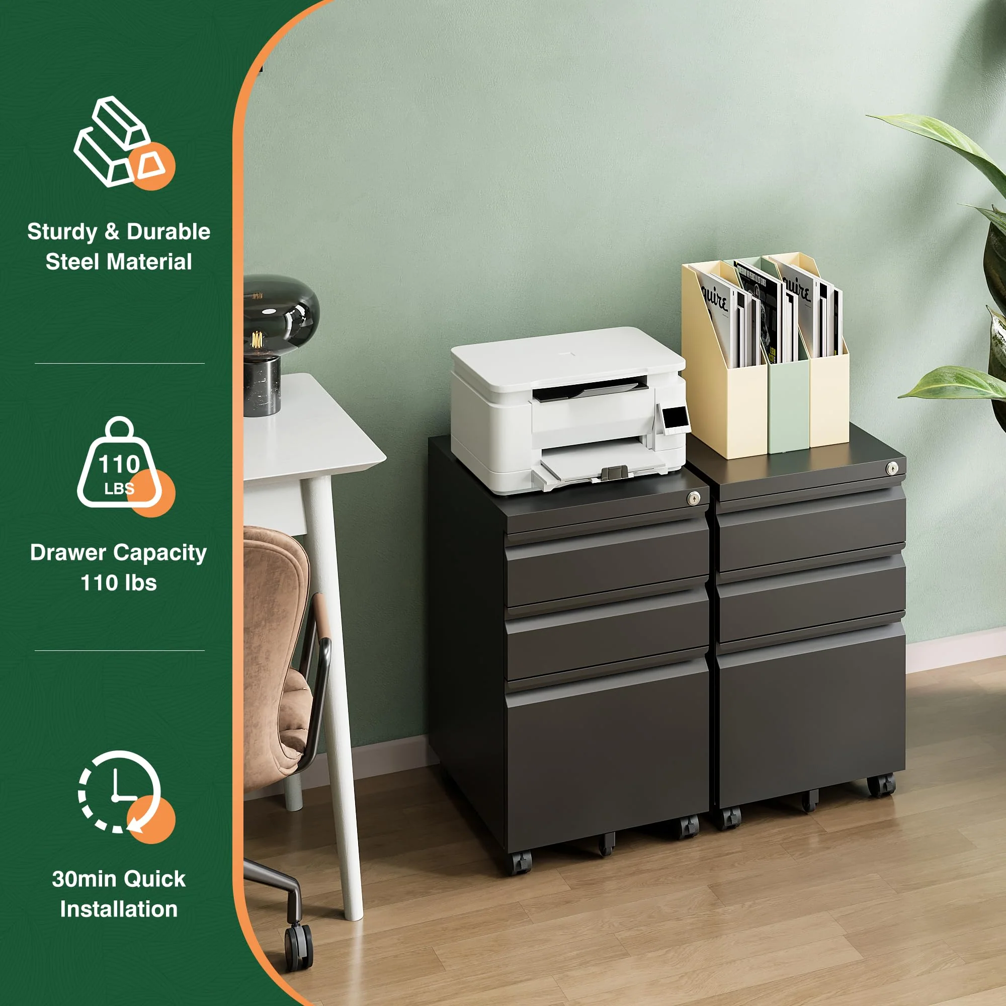 Letaya Metal 3 Drawer Mobile File Cabinet with Lock, Durable Steel, Anti-Tilt, 5 Wheels, Home & Office Use