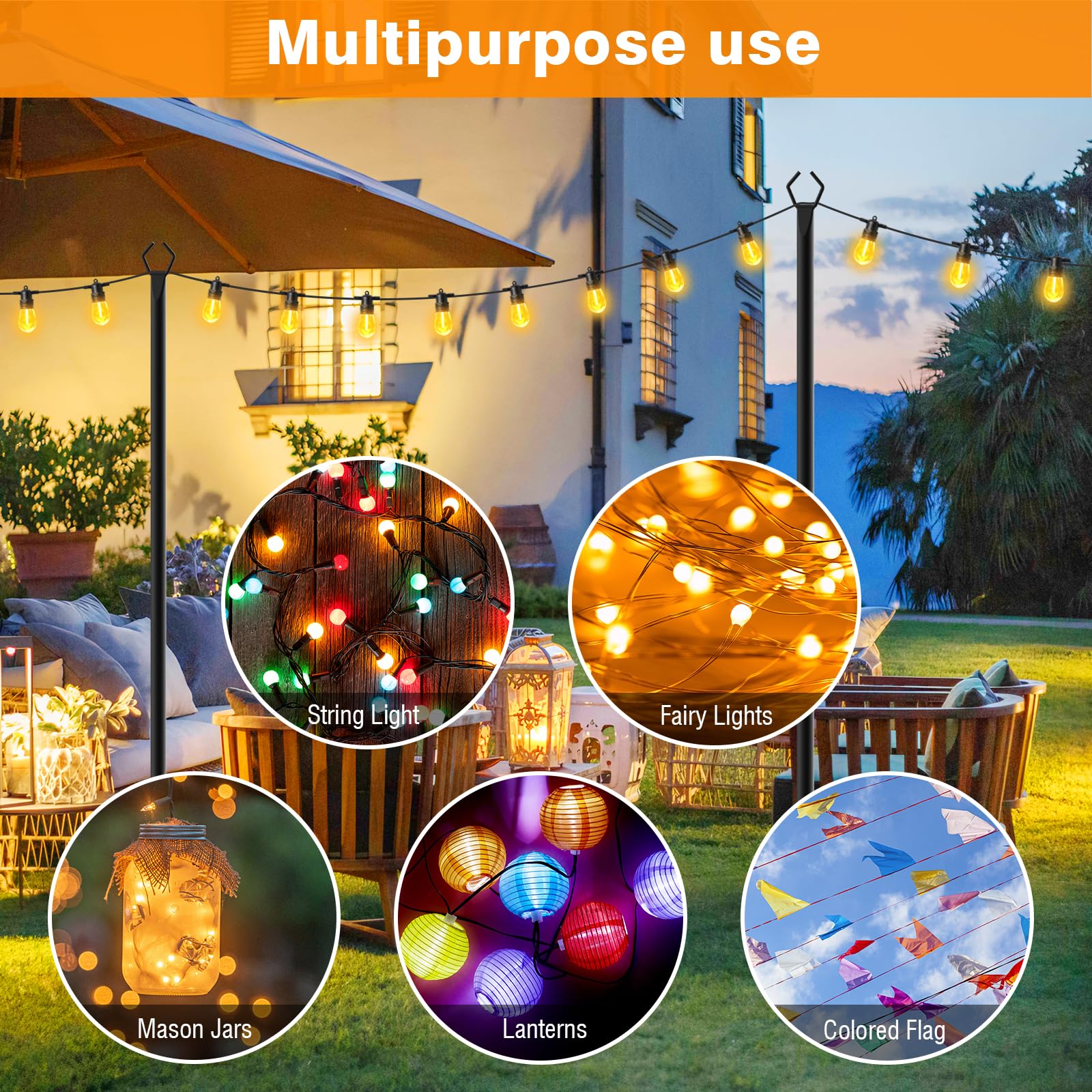LETIANPAI Outdoor 10 Ft Metal String Light Poles, 4 Pack - Durable, Waterproof, Rustproof for Patios & Gardens