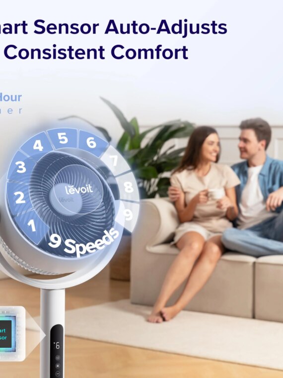 Levoit CirculAir Oscillating Standing Fan, 82ft Reach, 9-Speed, Quiet 20dB, Bedroom Cooling Fan
