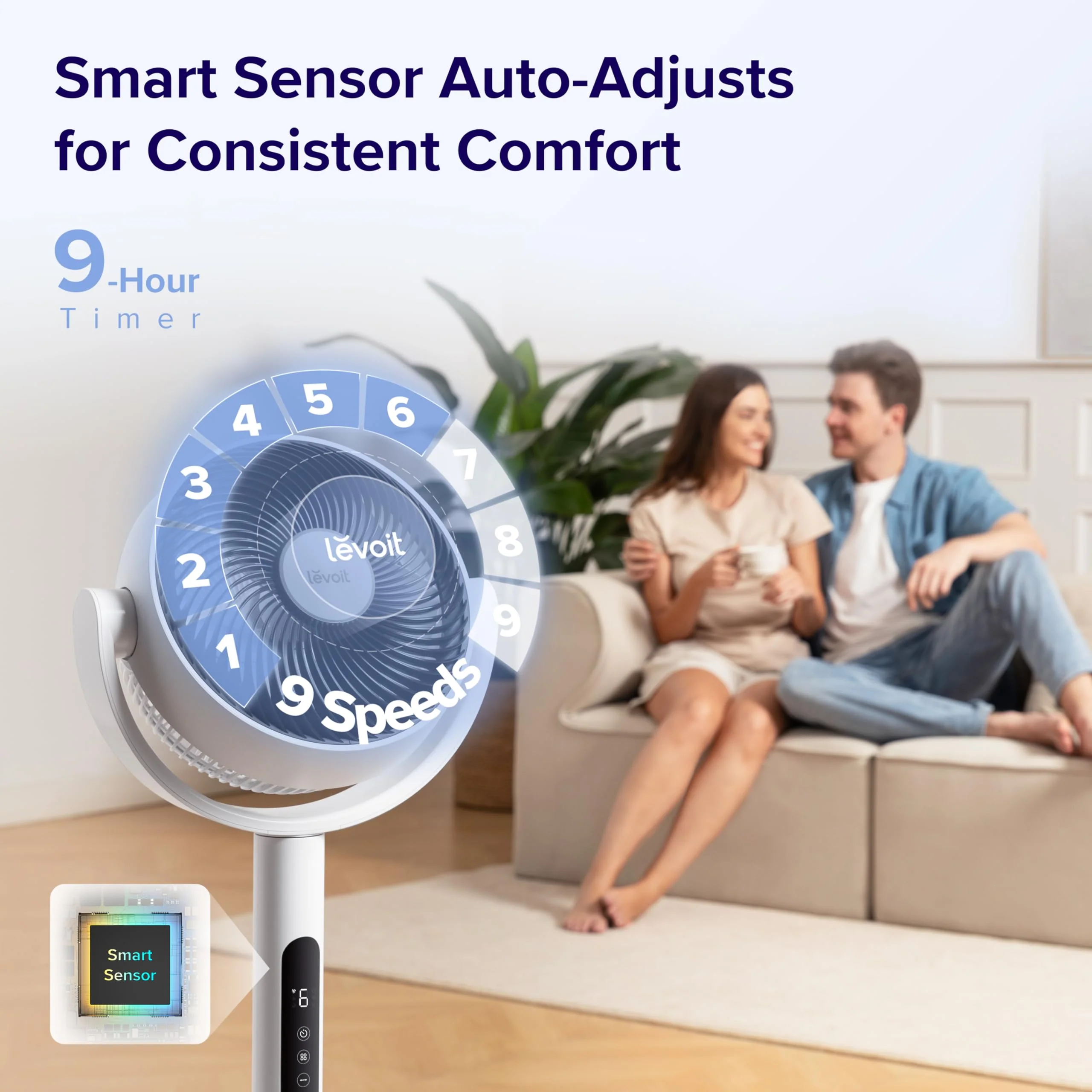 Levoit CirculAir Oscillating Standing Fan, 82ft Reach, 9-Speed, Quiet 20dB, Bedroom Cooling Fan