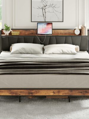 LIKIMIO King Size Bed Frame with Storage Headboard, Charging Station, Metal Slats, Upholstered, Gray