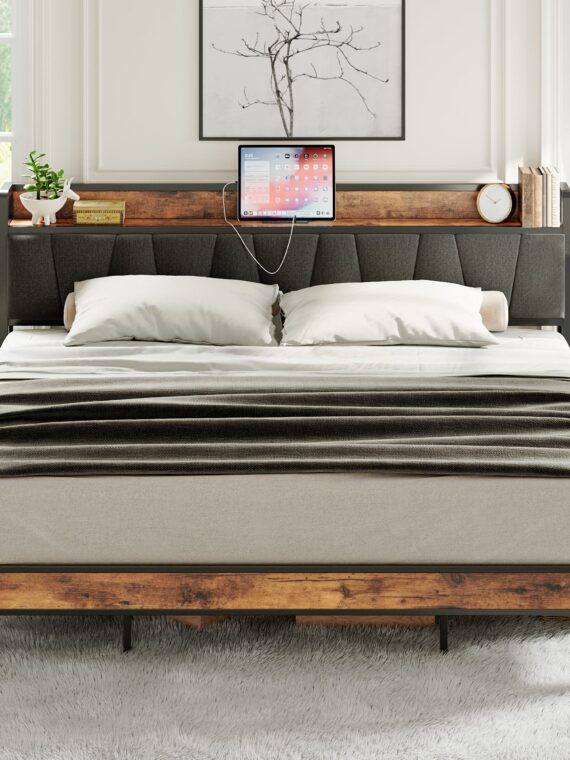 LIKIMIO King Size Bed Frame with Storage Headboard, Charging Station, Metal Slats, Upholstered, Gray