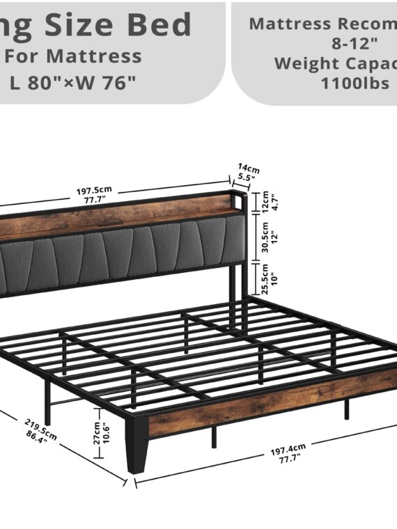 LIKIMIO King Size Bed Frame with Storage Headboard, Charging Station, Metal Slats, Upholstered, Gray