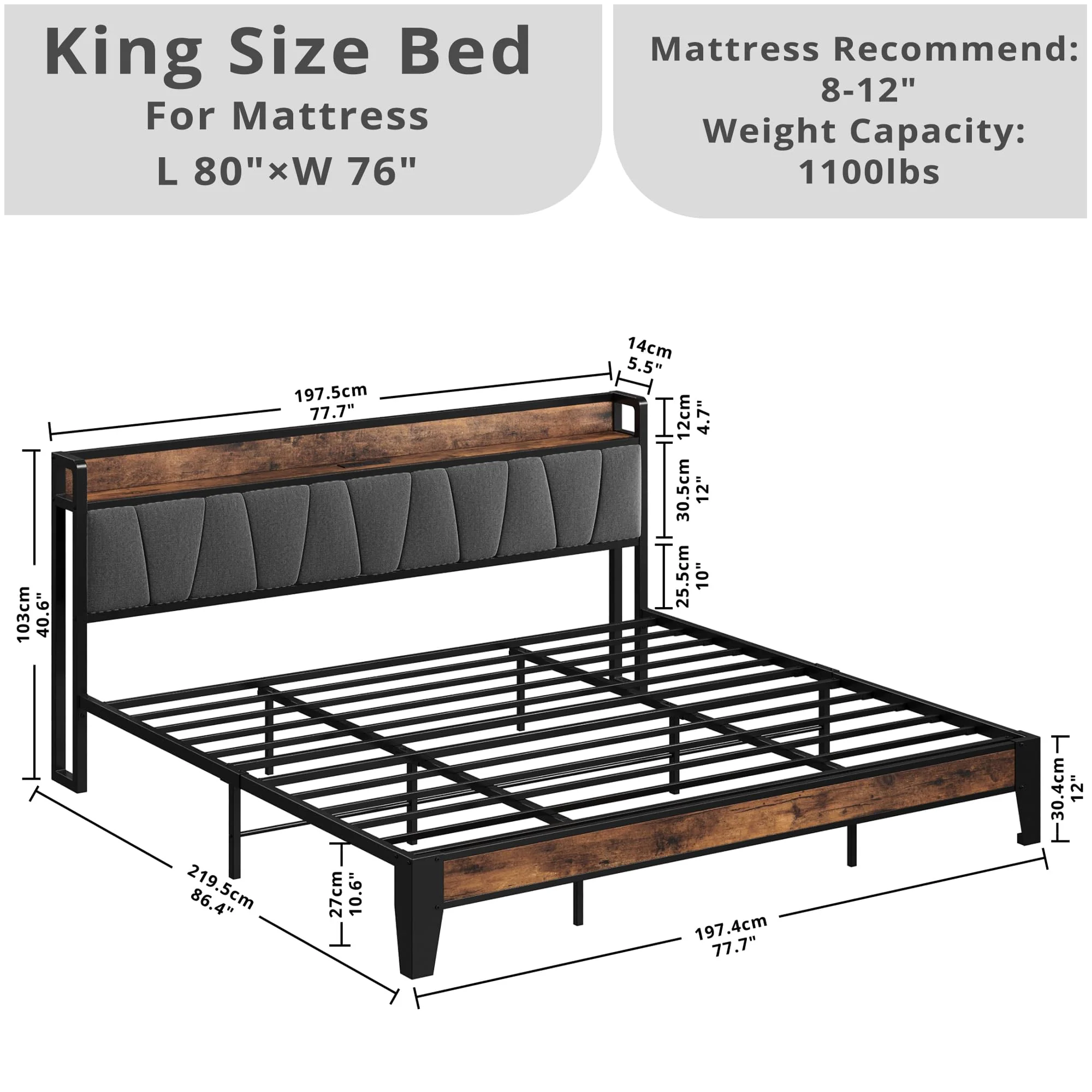 LIKIMIO King Size Bed Frame with Storage Headboard, Charging Station, Metal Slats, Upholstered, Gray