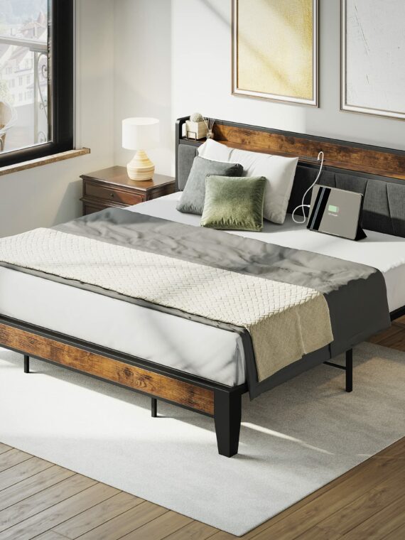LIKIMIO King Size Bed Frame with Storage Headboard, Charging Station, Metal Slats, Upholstered, Gray