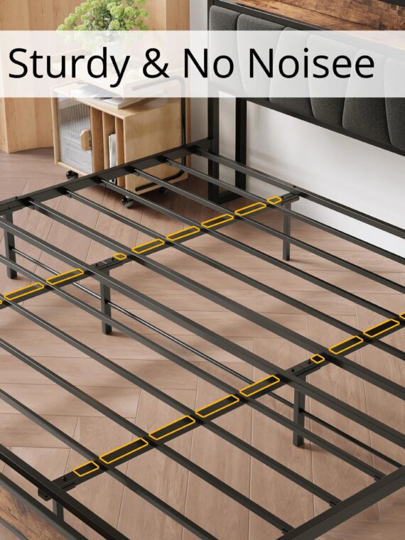 LIKIMIO King Size Bed Frame with Storage Headboard, Charging Station, Metal Slats, Upholstered, Gray