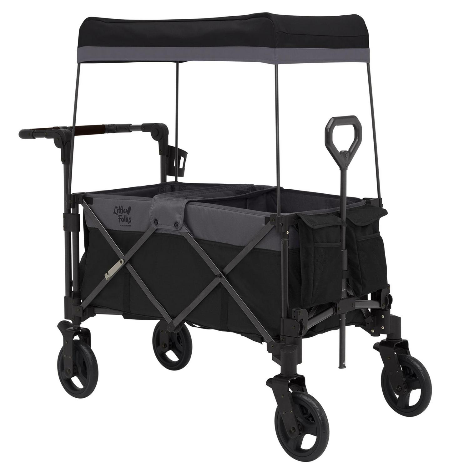 Little Folks by Delta Children City Wagon Cruiser Stroller, Black, 2-Seater, Foldable, with Canopy and Cup Holder