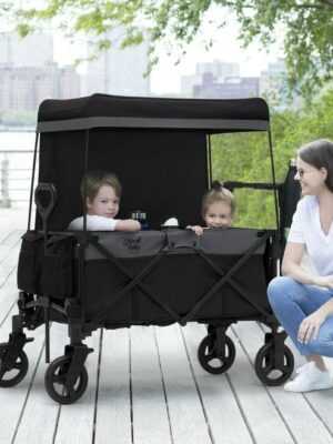Little Folks by Delta Children City Wagon Cruiser Stroller, Black, 2-Seater, Foldable, with Canopy and Cup Holder
