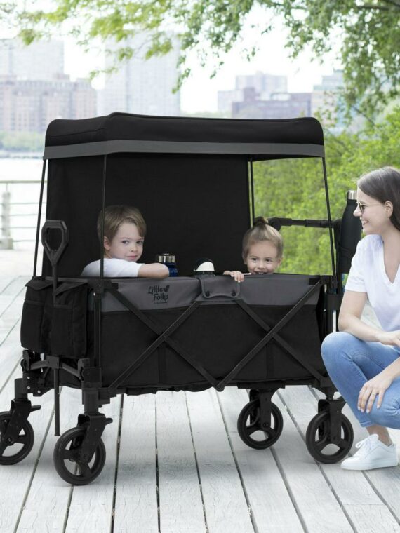 Little Folks by Delta Children City Wagon Cruiser Stroller, Black, 2-Seater, Foldable, with Canopy and Cup Holder