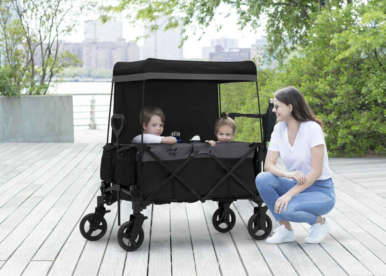 Little Folks by Delta Children City Wagon Cruiser Stroller, Black, 2-Seater, Foldable, with Canopy and Cup Holder