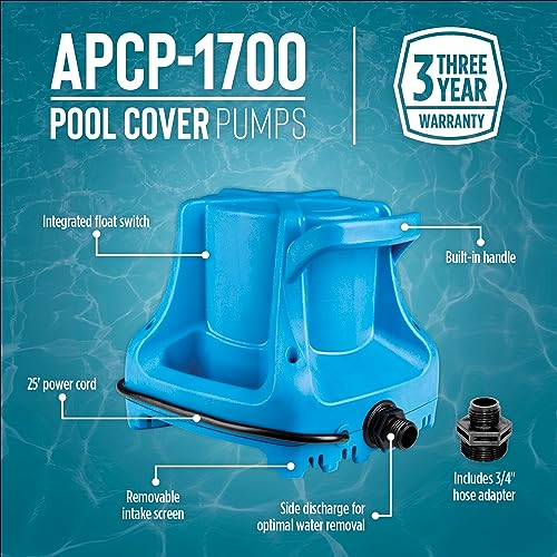 Little Giant Automatic Submersible Pool Cover Pump, 1/3 HP, 1745 GPH, Ergonomic Design, Easy Maintenance