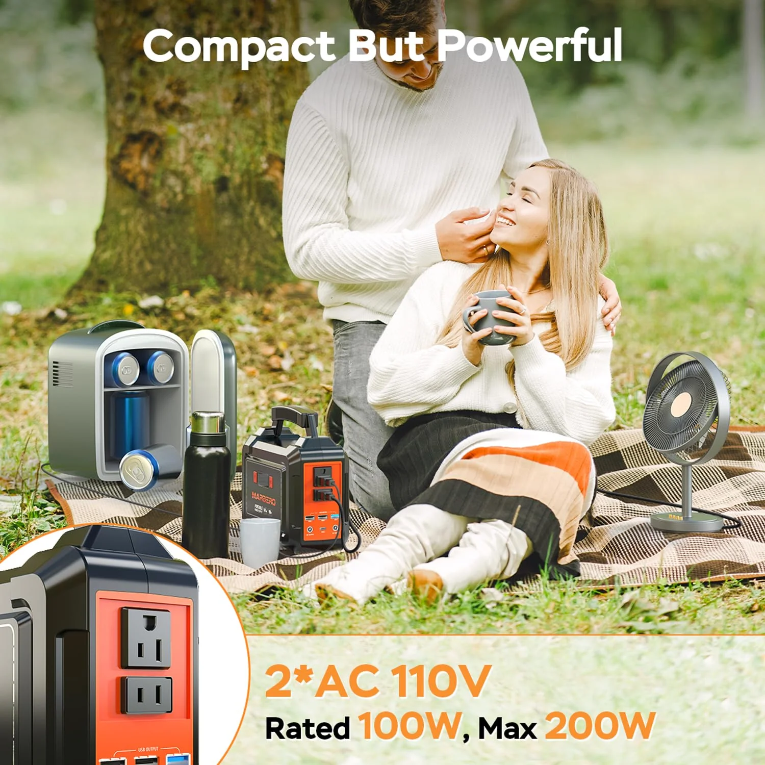 MARBERO 200W Portable Power Station Solar Generator, 167Wh Battery, Multi-Output USB & AC Ports, Compact with LED Flashlight