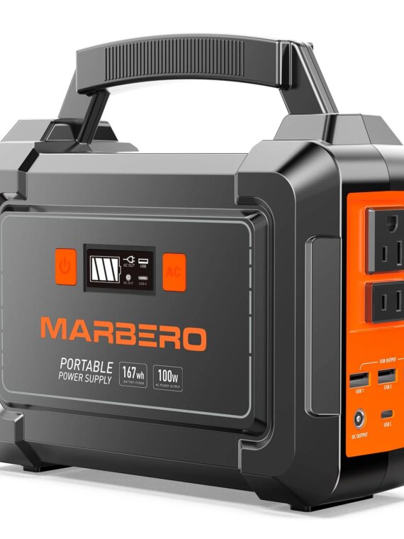MARBERO 200W Portable Power Station Solar Generator, 167Wh Battery, Multi-Output USB & AC Ports, Compact with LED Flashlight