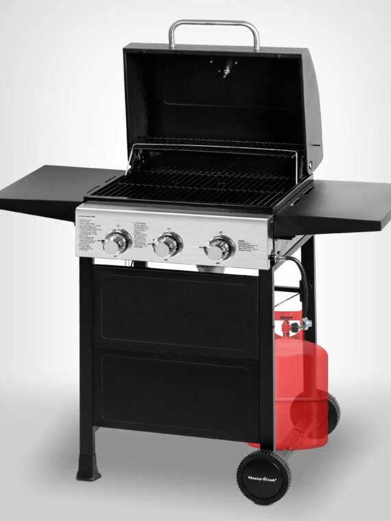 MASTER COOK 3-Burner Propane Gas Grill, Stainless Steel, 30,000 BTU, Portable BBQ with Thermometer & Foldable Tables