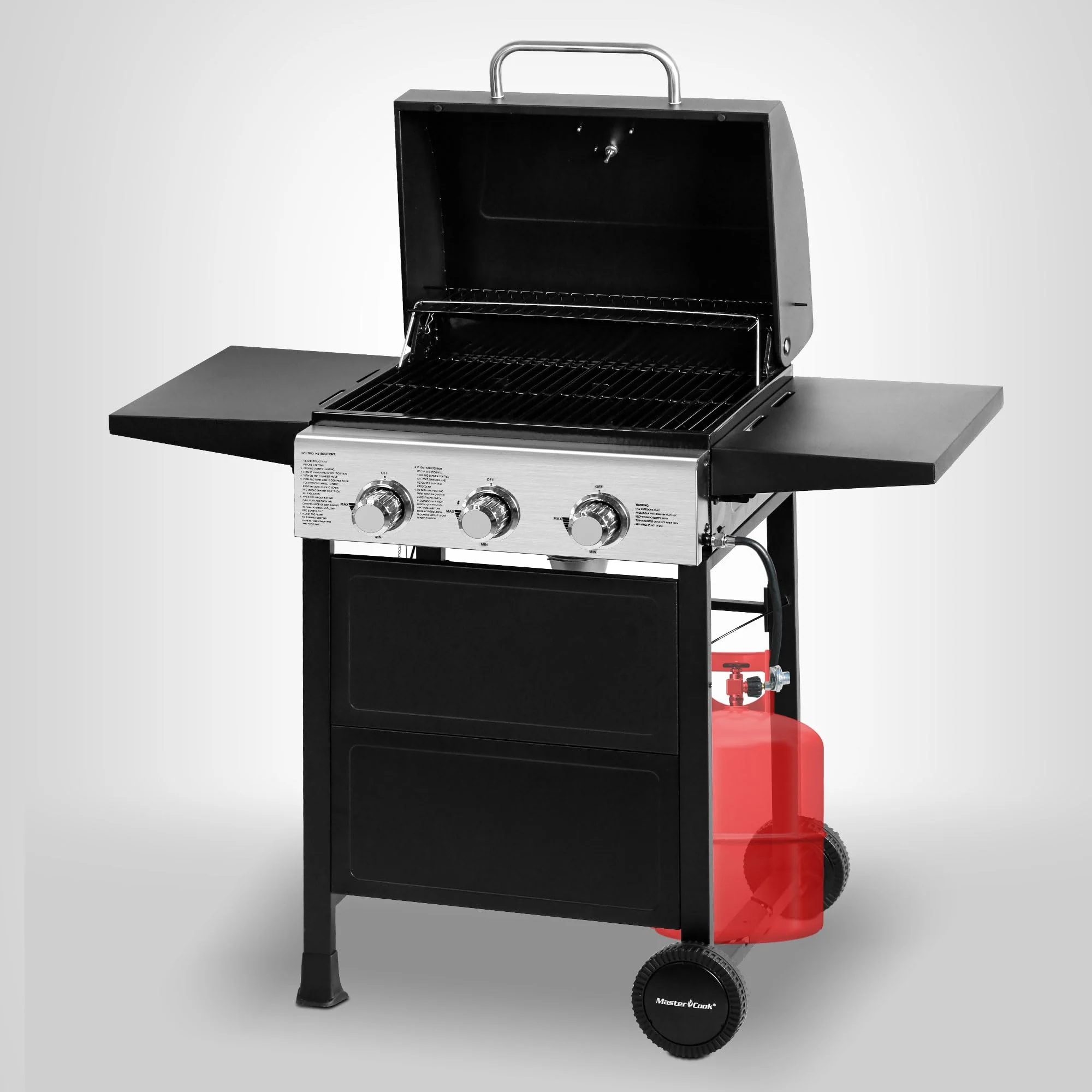 MASTER COOK 3-Burner Propane Gas Grill, Stainless Steel, 30,000 BTU, Portable BBQ with Thermometer & Foldable Tables