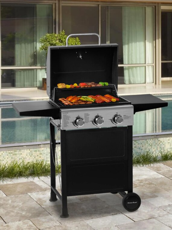 MASTER COOK 3-Burner Propane Gas Grill, Stainless Steel, 30,000 BTU, Portable BBQ with Thermometer & Foldable Tables