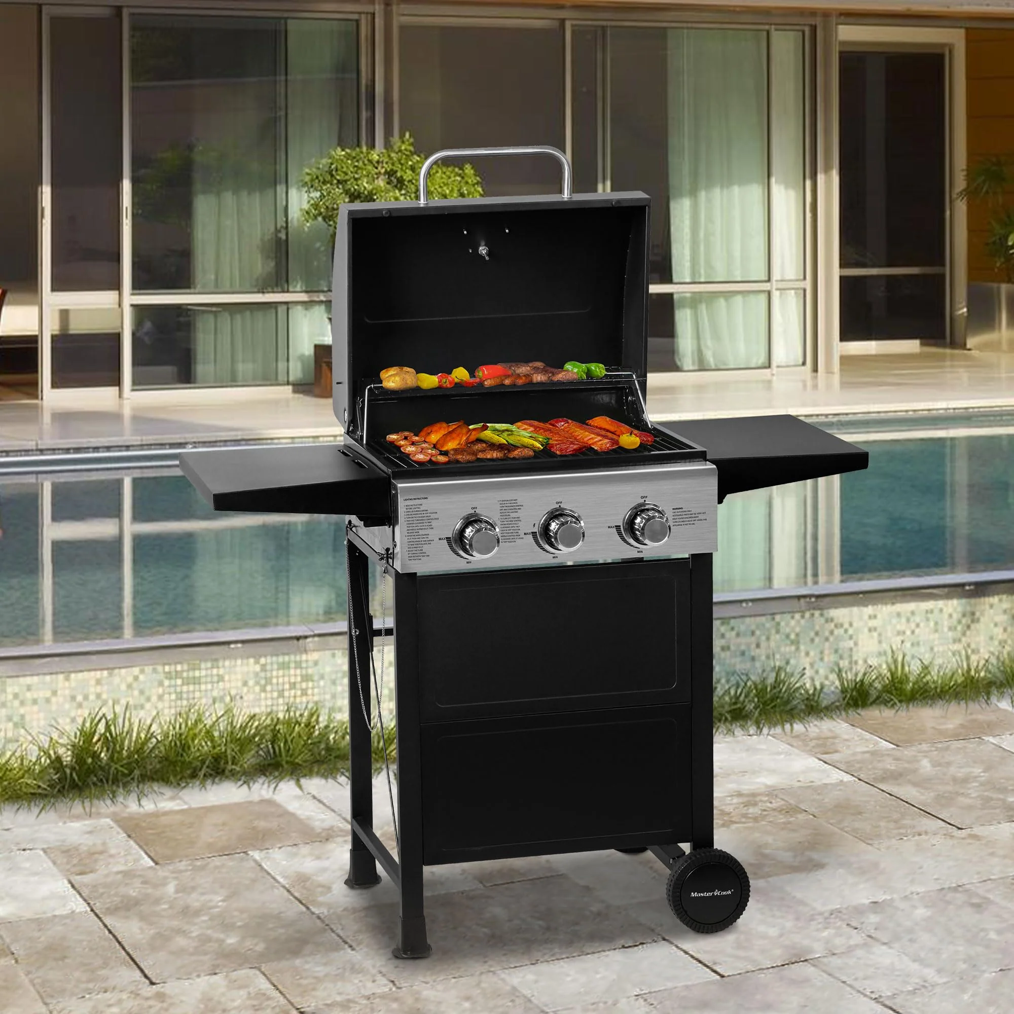 MASTER COOK 3-Burner Propane Gas Grill, Stainless Steel, 30,000 BTU, Portable BBQ with Thermometer & Foldable Tables