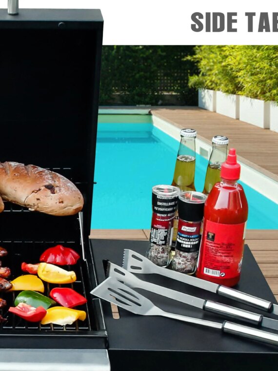 MASTER COOK 3-Burner Propane Gas Grill, Stainless Steel, 30,000 BTU, Portable BBQ with Thermometer & Foldable Tables