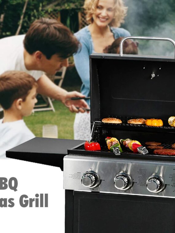 MASTER COOK 3-Burner Propane Gas Grill, Stainless Steel, 30,000 BTU, Portable BBQ with Thermometer & Foldable Tables