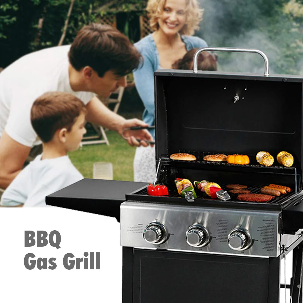 MASTER COOK 3-Burner Propane Gas Grill, Stainless Steel, 30,000 BTU, Portable BBQ with Thermometer & Foldable Tables