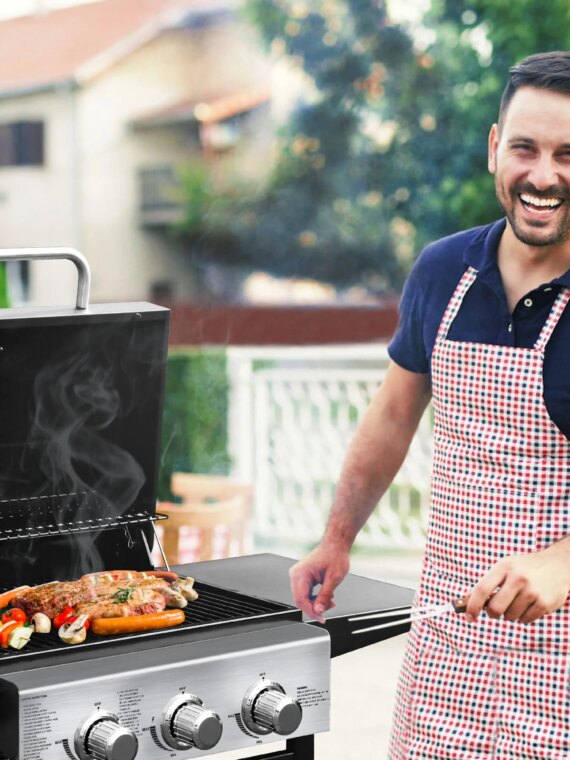 MASTER COOK 3-Burner Propane Gas Grill, Stainless Steel, 30,000 BTU, Portable BBQ with Thermometer & Foldable Tables