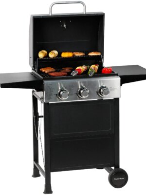 MASTER COOK 3-Burner Propane Gas Grill, Stainless Steel, 30,000 BTU, Portable BBQ with Thermometer & Foldable Tables
