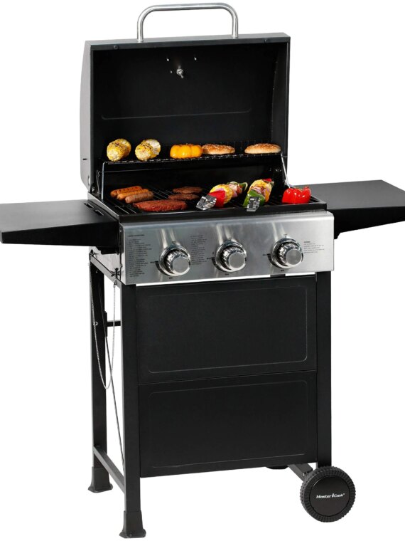 MASTER COOK 3-Burner Propane Gas Grill, Stainless Steel, 30,000 BTU, Portable BBQ with Thermometer & Foldable Tables