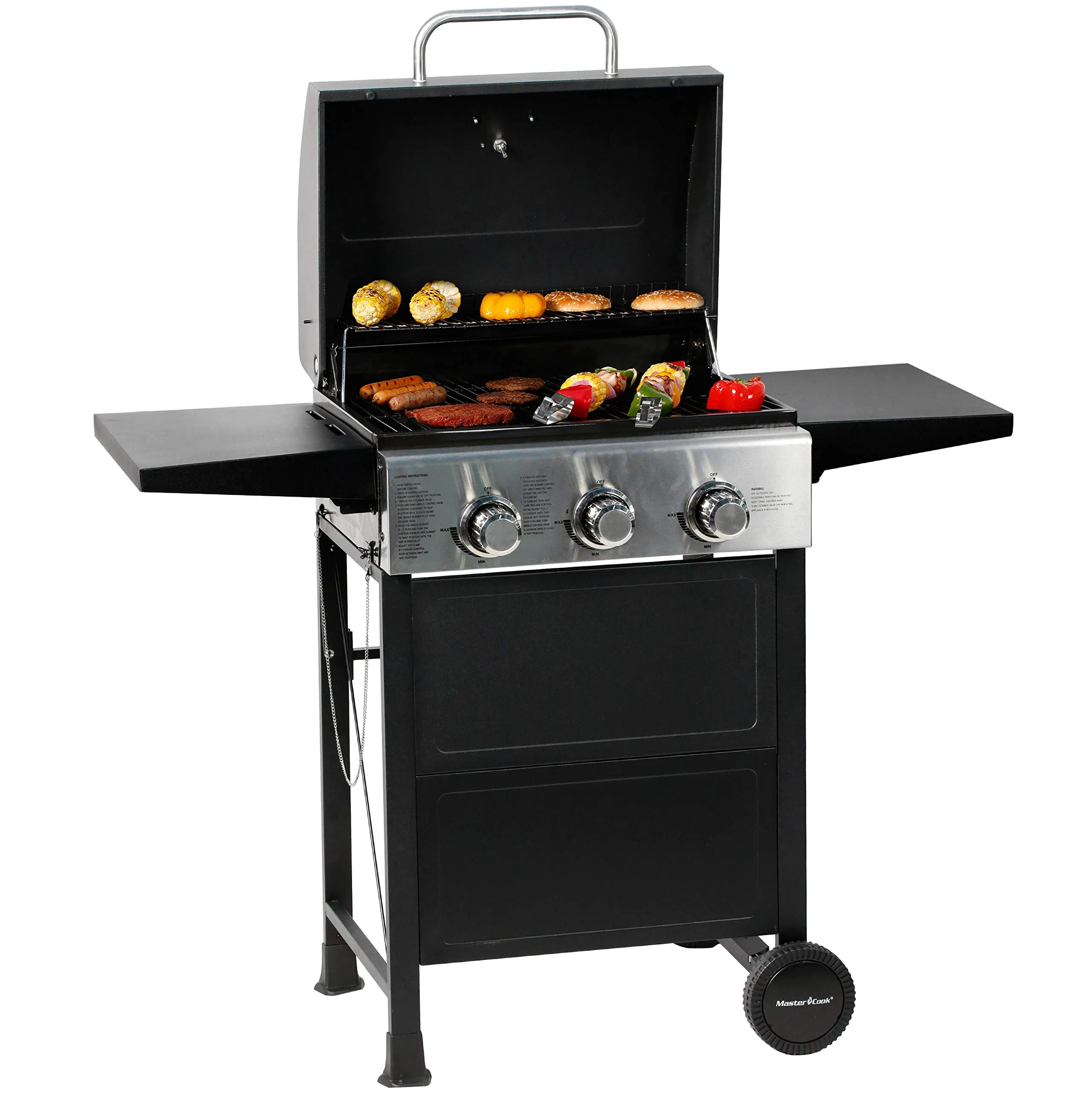 MASTER COOK 3-Burner Propane Gas Grill, Stainless Steel, 30,000 BTU, Portable BBQ with Thermometer & Foldable Tables